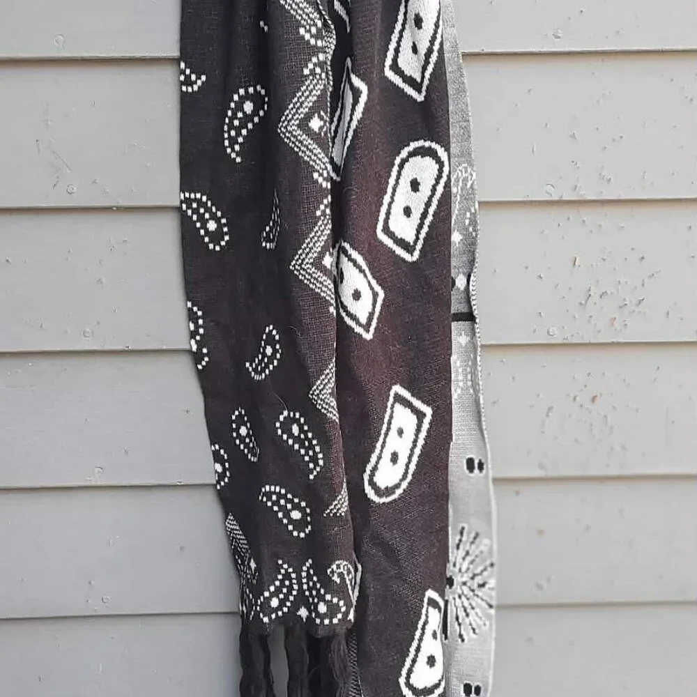 Black Gray White Acrylic? Winter Scarf Paisley